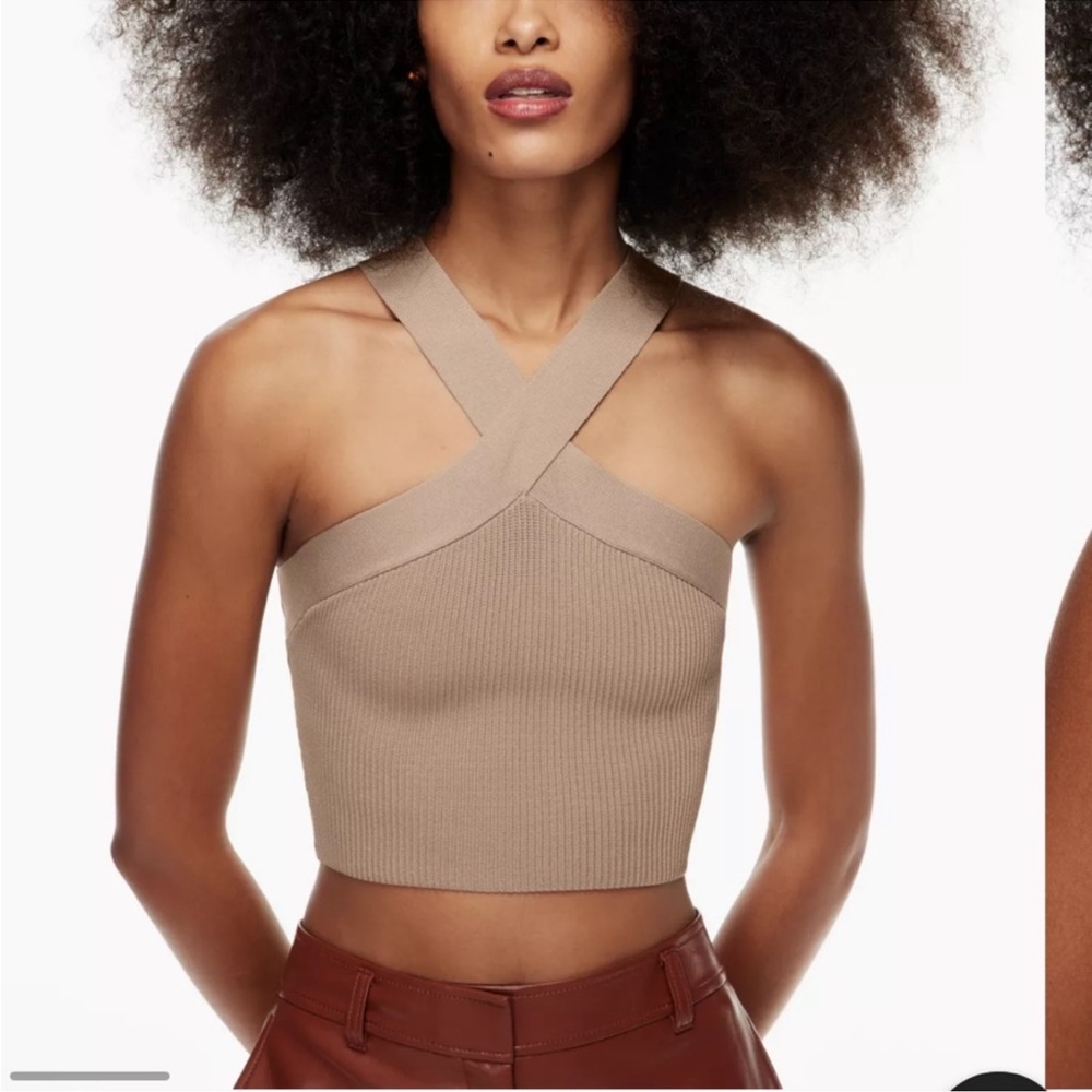 Aritzia Tan Ribbed Cross-Front Tank Top